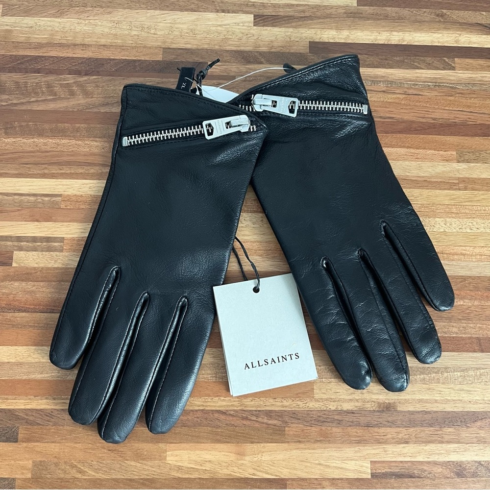 AllSaints Black Leather Gloves with Asymmetric Zipper
